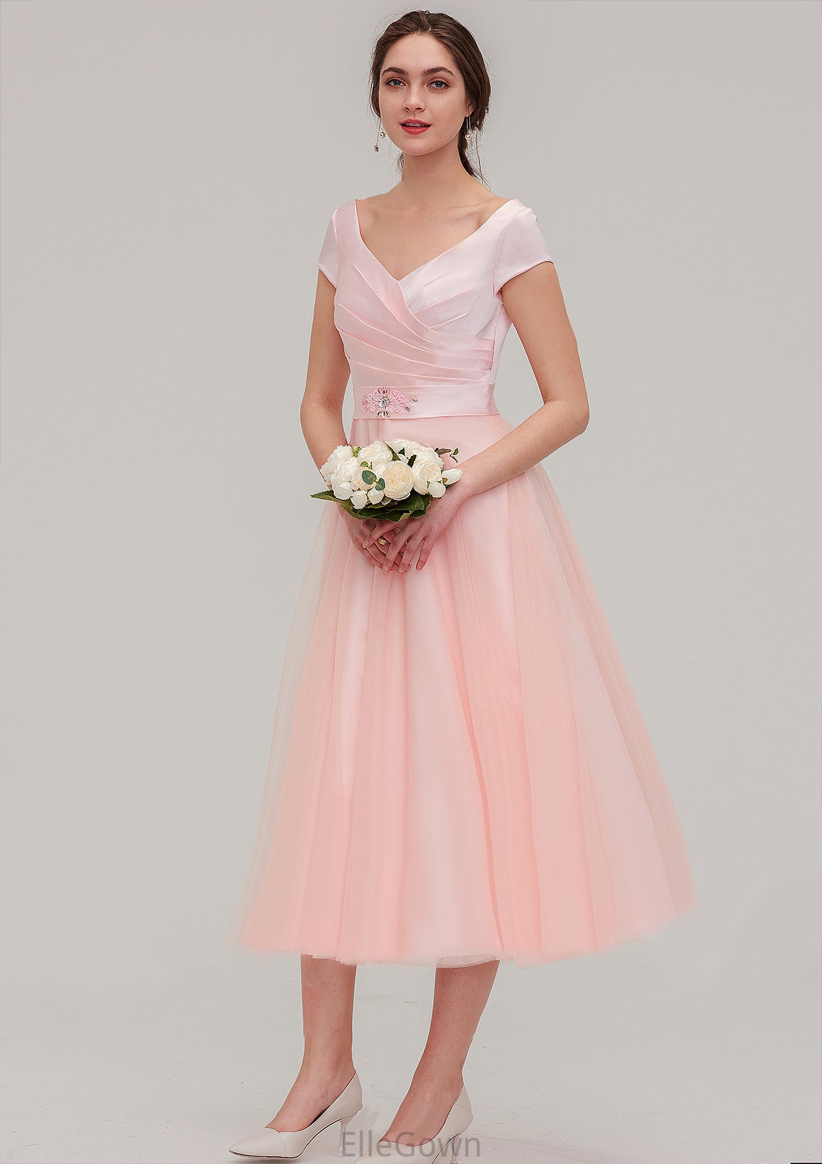 Sweetheart Short Sleeve Tea-Length Tulle A-line/Princess Bridesmaid Dresses With Waistband Beading Pleated Mckayla DEP0025473