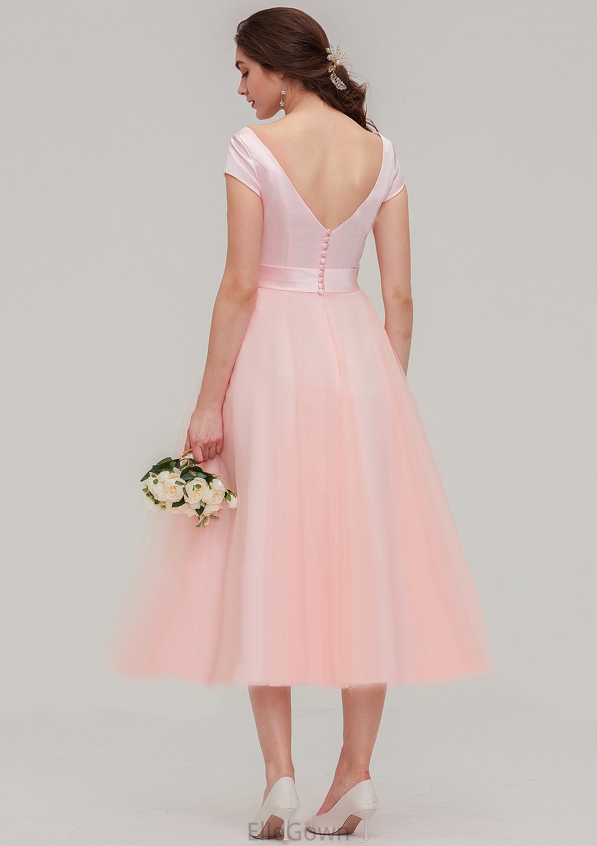 Sweetheart Short Sleeve Tea-Length Tulle A-line/Princess Bridesmaid Dresses With Waistband Beading Pleated Mckayla DEP0025473