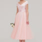 Sweetheart Short Sleeve Tea-Length Tulle A-line/Princess Bridesmaid Dresses With Waistband Beading Pleated Mckayla DEP0025473