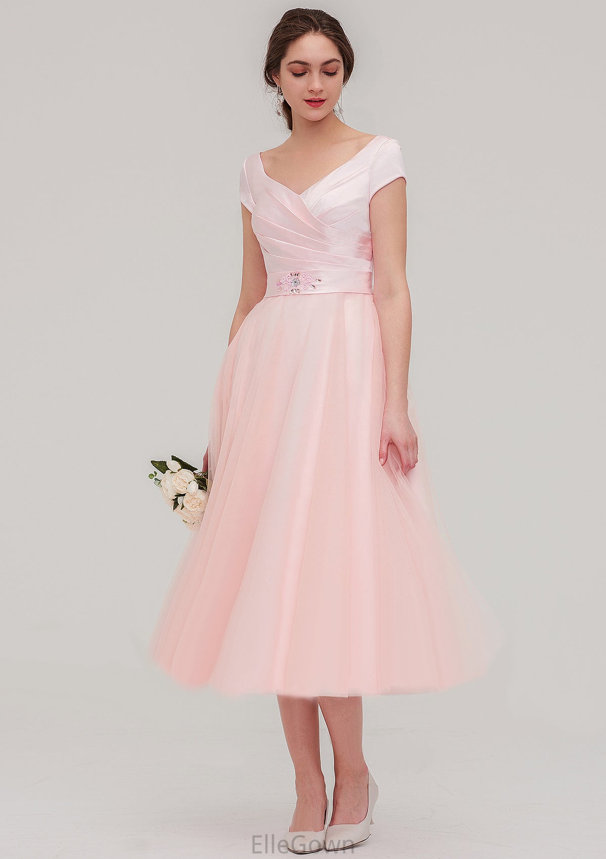 Sweetheart Short Sleeve Tea-Length Tulle A-line/Princess Bridesmaid Dresses With Waistband Beading Pleated Mckayla DEP0025473