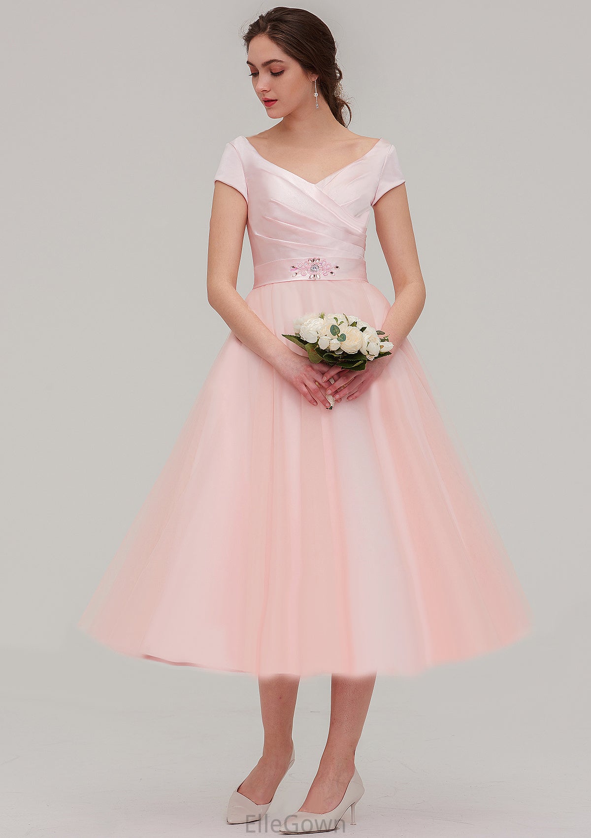 Sweetheart Short Sleeve Tea-Length Tulle A-line/Princess Bridesmaid Dresses With Waistband Beading Pleated Mckayla DEP0025473