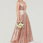 Bateau Sleeveless Tea-Length Sequined A-line/Princess Bridesmaid Dresses With Sashes Taniya DEP0025474