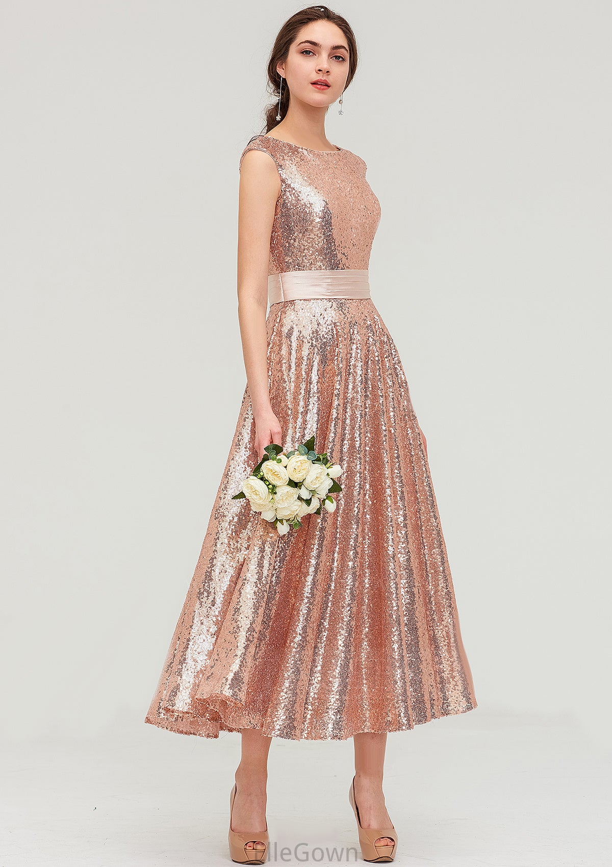 Bateau Sleeveless Tea-Length Sequined A-line/Princess Bridesmaid Dresses With Sashes Taniya DEP0025474