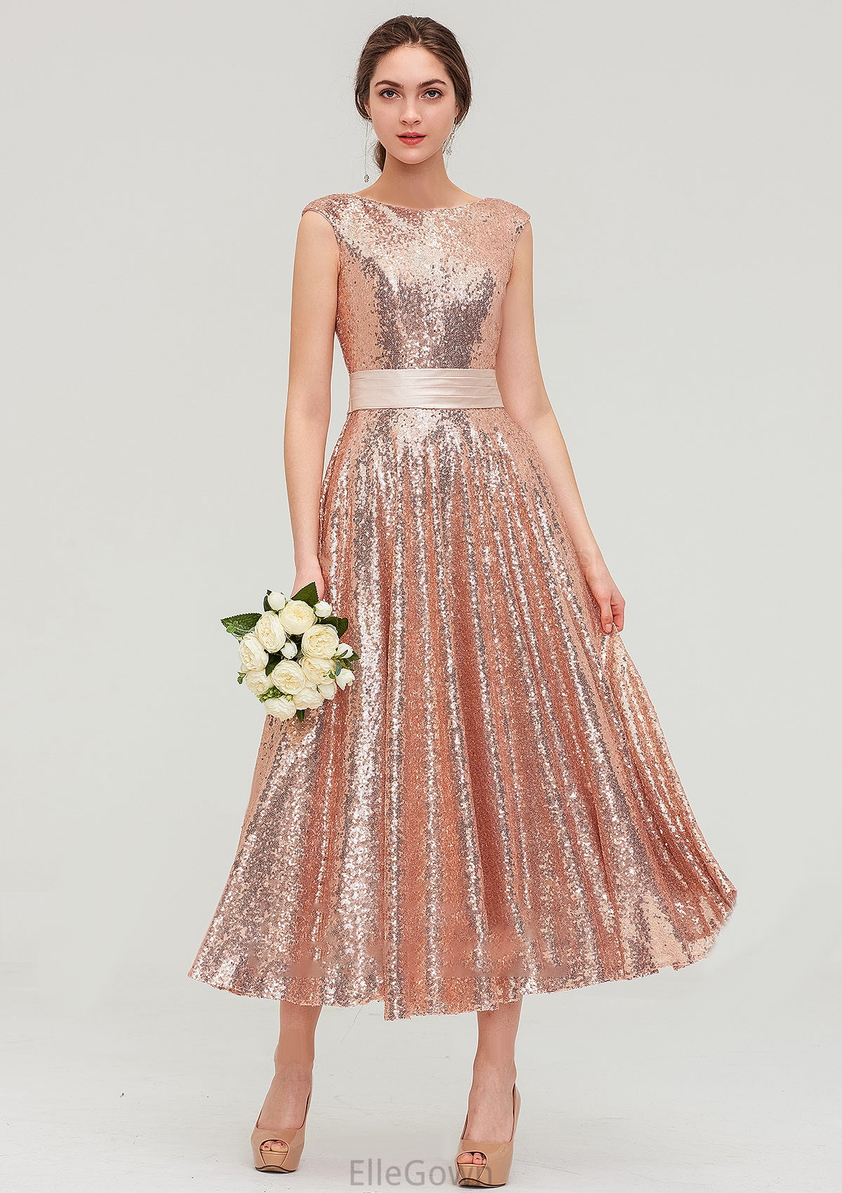 Bateau Sleeveless Tea-Length Sequined A-line/Princess Bridesmaid Dresses With Sashes Taniya DEP0025474