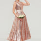 Bateau Sleeveless Tea-Length Sequined A-line/Princess Bridesmaid Dresses With Sashes Taniya DEP0025474