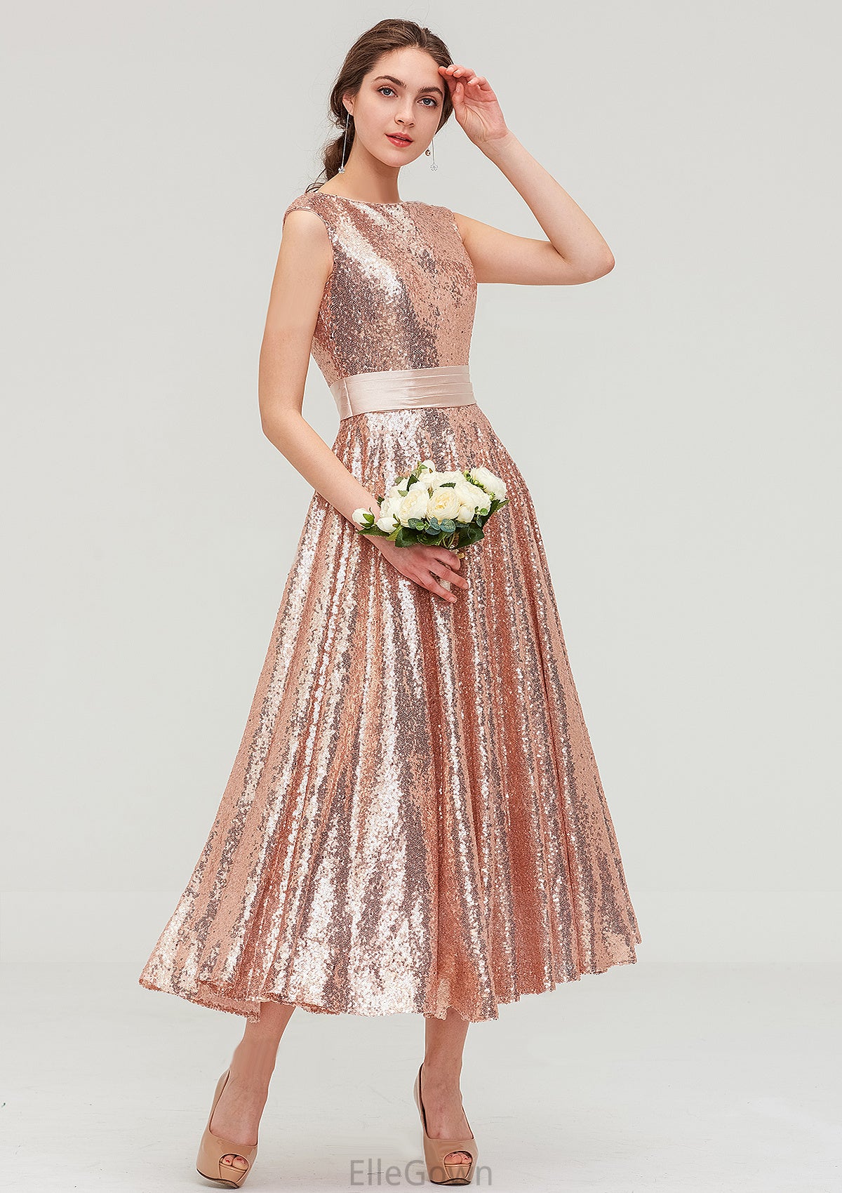 Bateau Sleeveless Tea-Length Sequined A-line/Princess Bridesmaid Dresses With Sashes Taniya DEP0025474