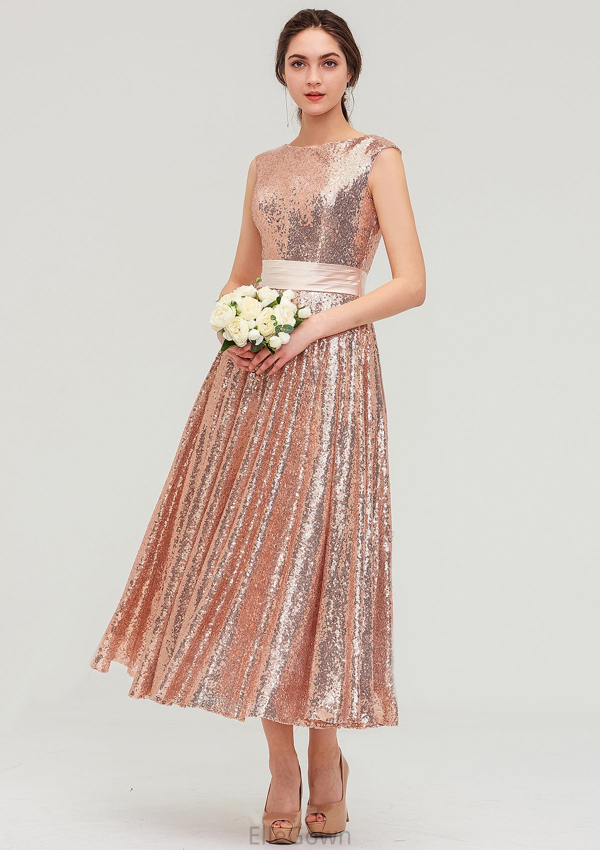 Bateau Sleeveless Tea-Length Sequined A-line/Princess Bridesmaid Dresses With Sashes Taniya DEP0025474