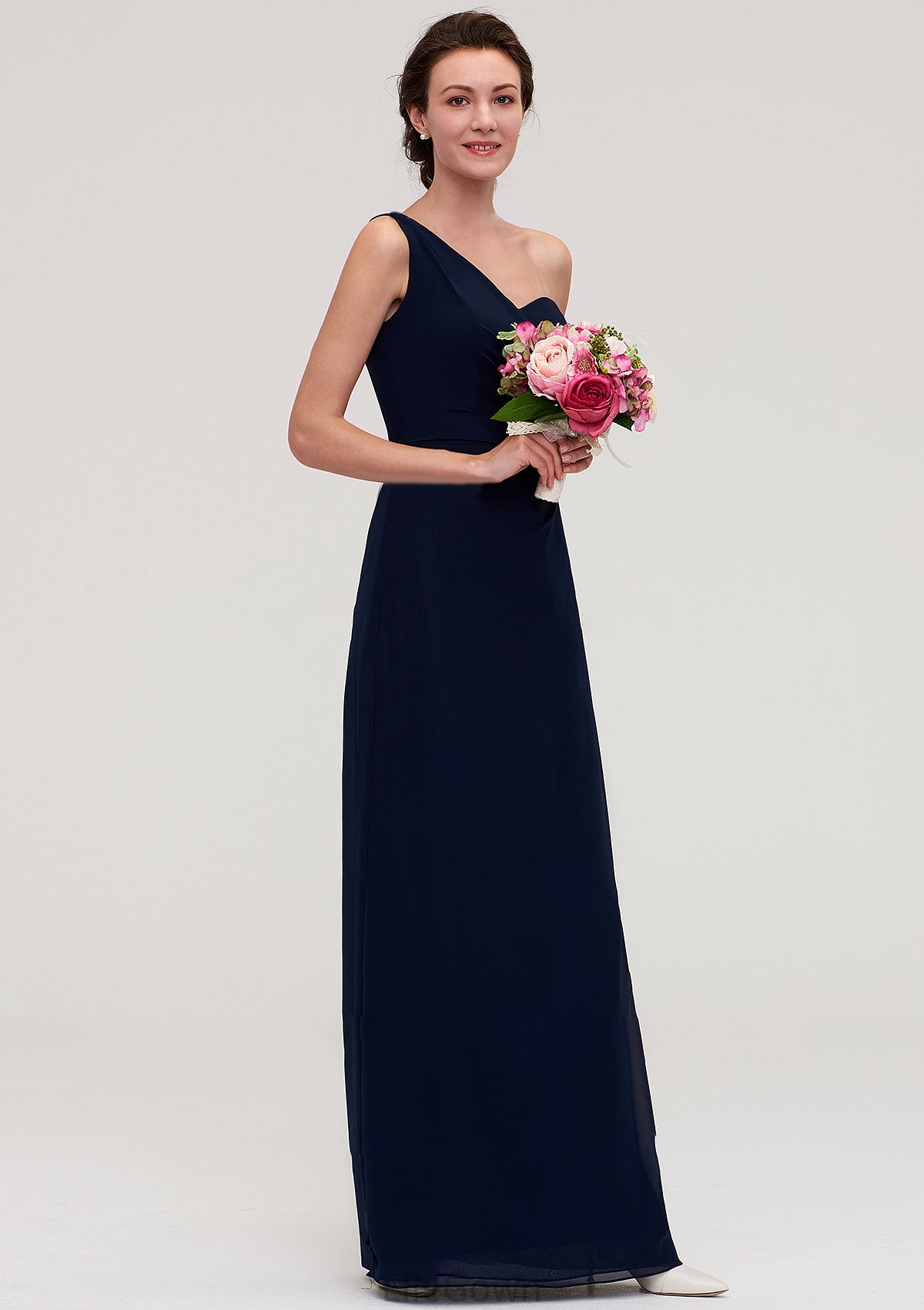 Sleeveless One-Shoulder A-line/Princess Chiffon Long/Floor-Length Bridesmaid Dresses With Pleated Amiah DEP0025475