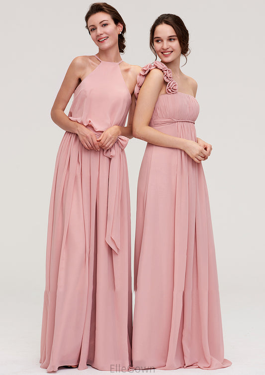 Sleeveless Scoop Neck A-line/Princess Chiffon Long/Floor-Length Bridesmaid Dresseses With Pleated Sashes Journey DEP0025476