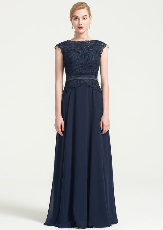 Bateau Sleeveless A-line/Princess Chiffon Long/Floor-Length Bridesmaid Dresses With Sashes Lace Pleated Lorena DEP0025480