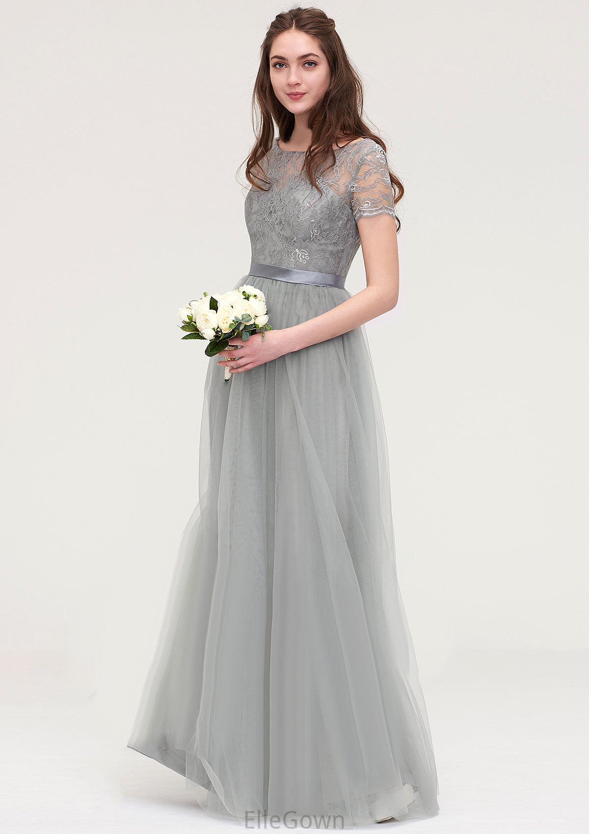 Bateau Short Sleeve Long/Floor-Length Tulle A-line/Princess Bridesmaid Dresses With Sashes Lace Eliana DEP0025482