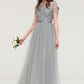 Bateau Short Sleeve Long/Floor-Length Tulle A-line/Princess Bridesmaid Dresses With Sashes Lace Eliana DEP0025482