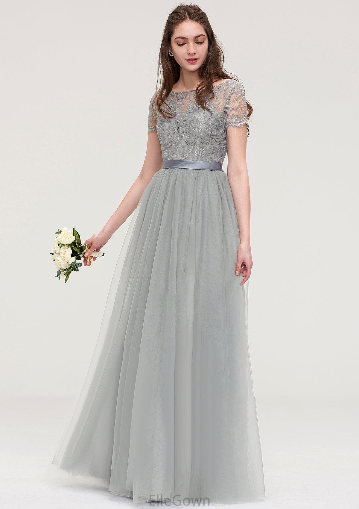 Bateau Short Sleeve Long/Floor-Length Tulle A-line/Princess Bridesmaid Dresses With Sashes Lace Eliana DEP0025482