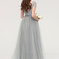 Bateau Short Sleeve Long/Floor-Length Tulle A-line/Princess Bridesmaid Dresses With Sashes Lace Eliana DEP0025482