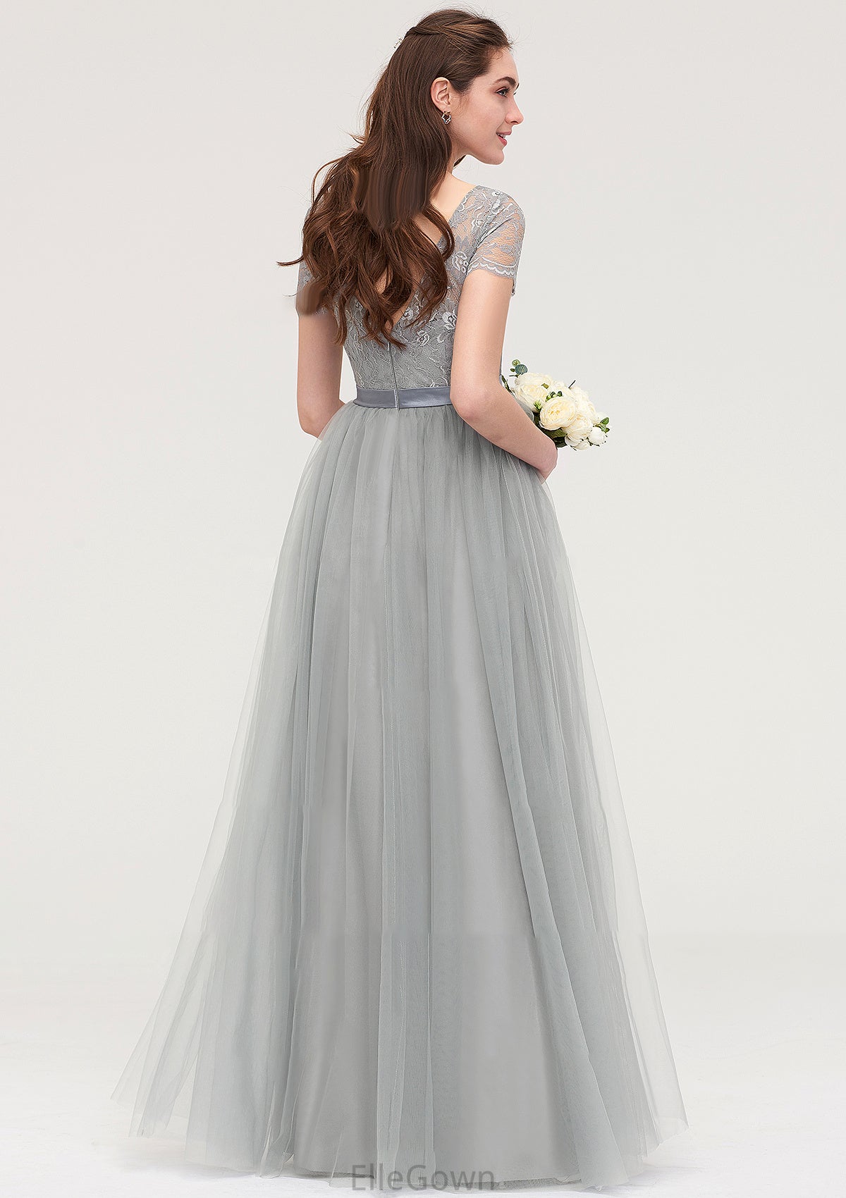 Bateau Short Sleeve Long/Floor-Length Tulle A-line/Princess Bridesmaid Dresses With Sashes Lace Eliana DEP0025482