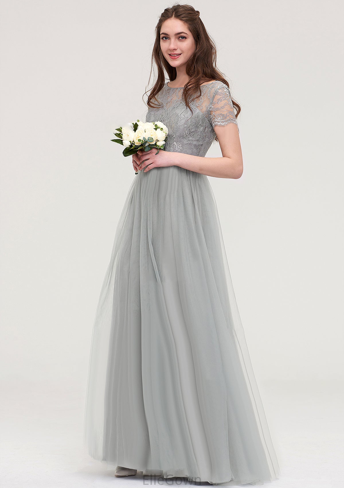 Bateau Short Sleeve Long/Floor-Length Tulle A-line/Princess Bridesmaid Dresses With Sashes Lace Eliana DEP0025482