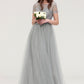 Bateau Short Sleeve Long/Floor-Length Tulle A-line/Princess Bridesmaid Dresses With Sashes Lace Eliana DEP0025482