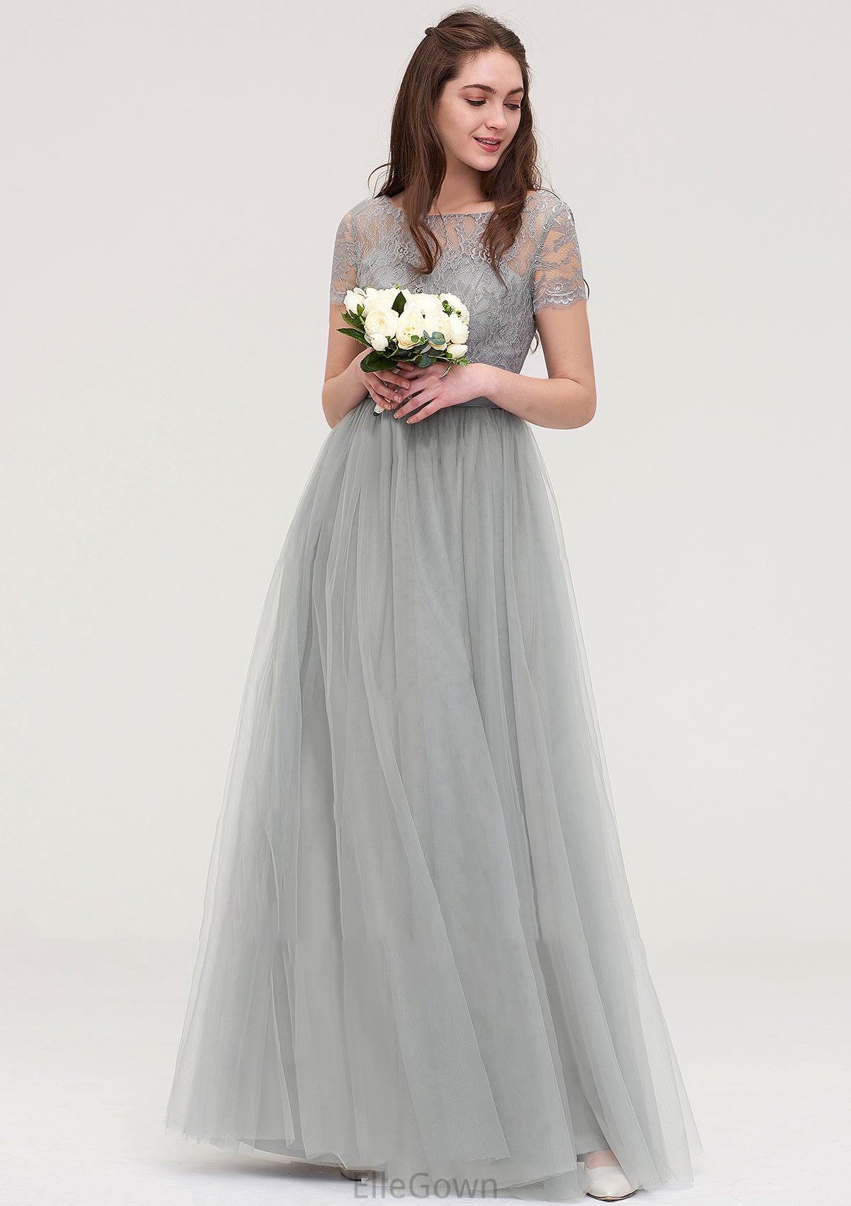 Bateau Short Sleeve Long/Floor-Length Tulle A-line/Princess Bridesmaid Dresses With Sashes Lace Eliana DEP0025482