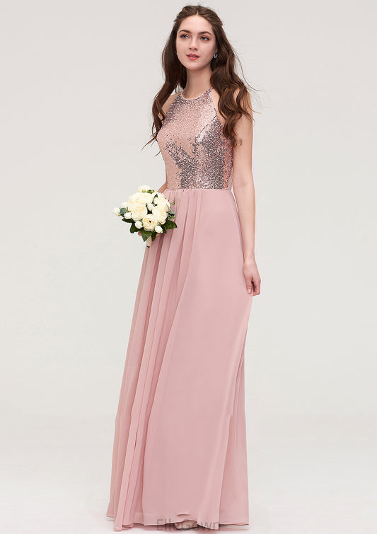 Sleeveless Bateau Long/Floor-Length Chiffon A-line/Princess Bridesmaid Dresses With Sequins Dominique DEP0025484