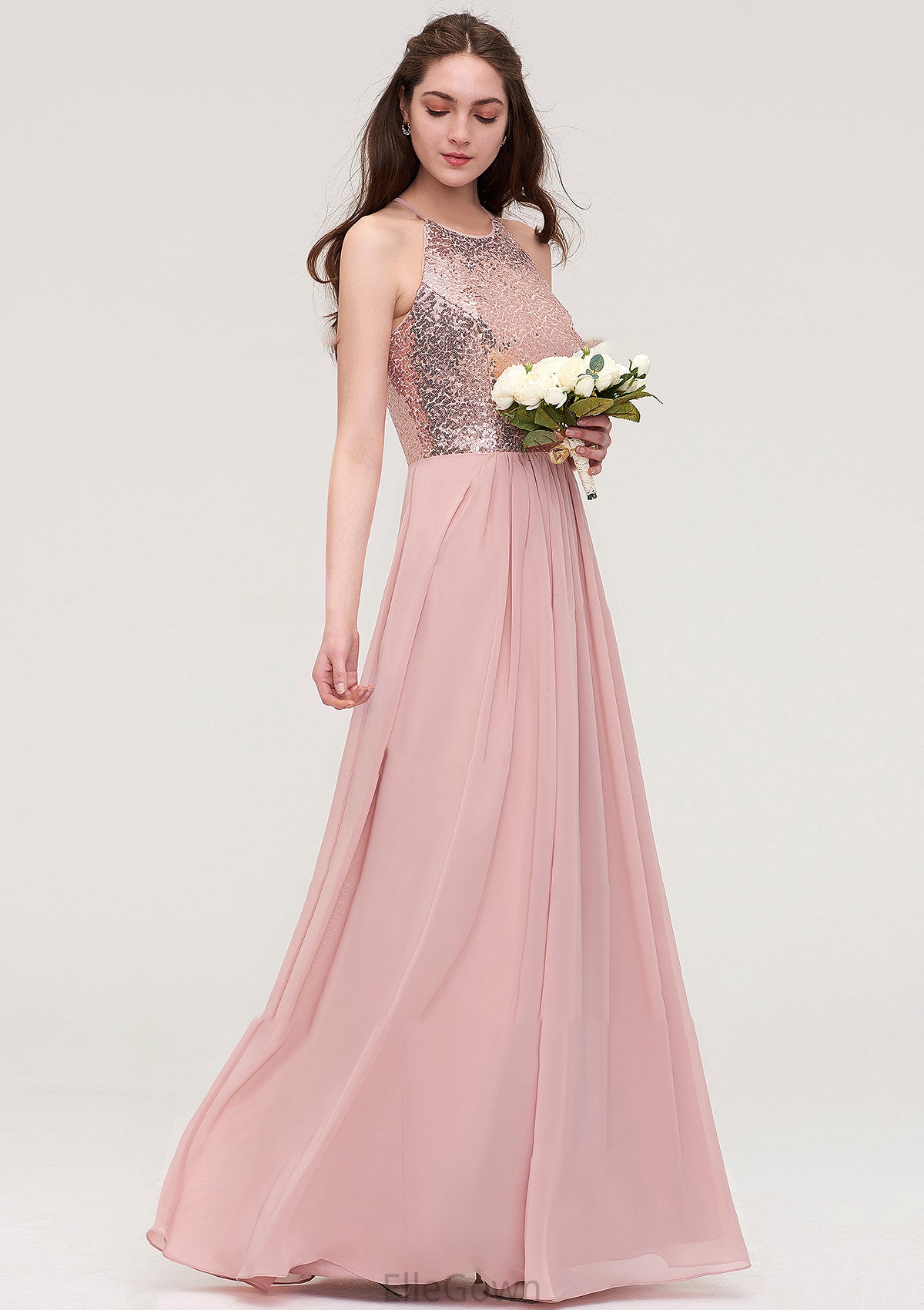 Sleeveless Bateau Long/Floor-Length Chiffon A-line/Princess Bridesmaid Dresses With Sequins Dominique DEP0025484