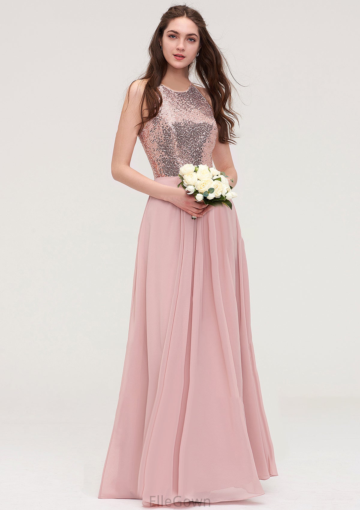 Sleeveless Bateau Long/Floor-Length Chiffon A-line/Princess Bridesmaid Dresses With Sequins Dominique DEP0025484