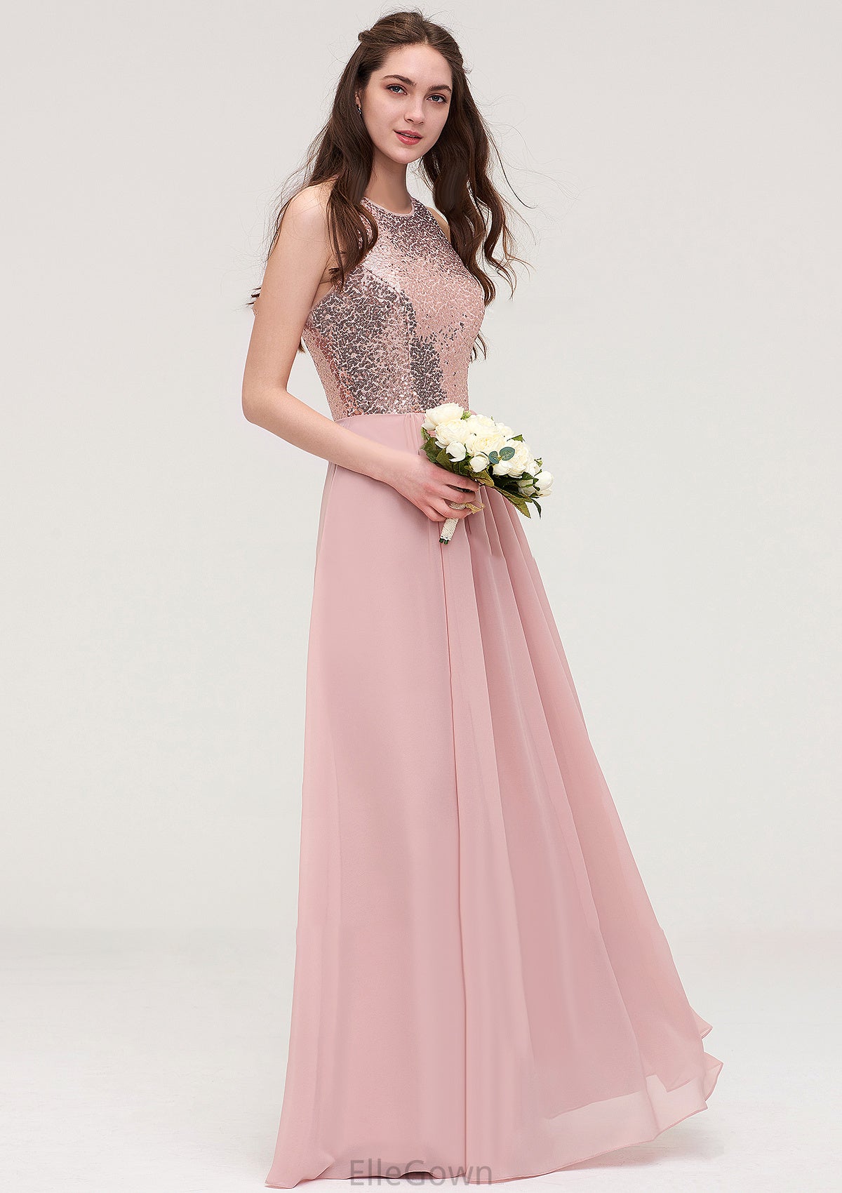 Sleeveless Bateau Long/Floor-Length Chiffon A-line/Princess Bridesmaid Dresses With Sequins Dominique DEP0025484