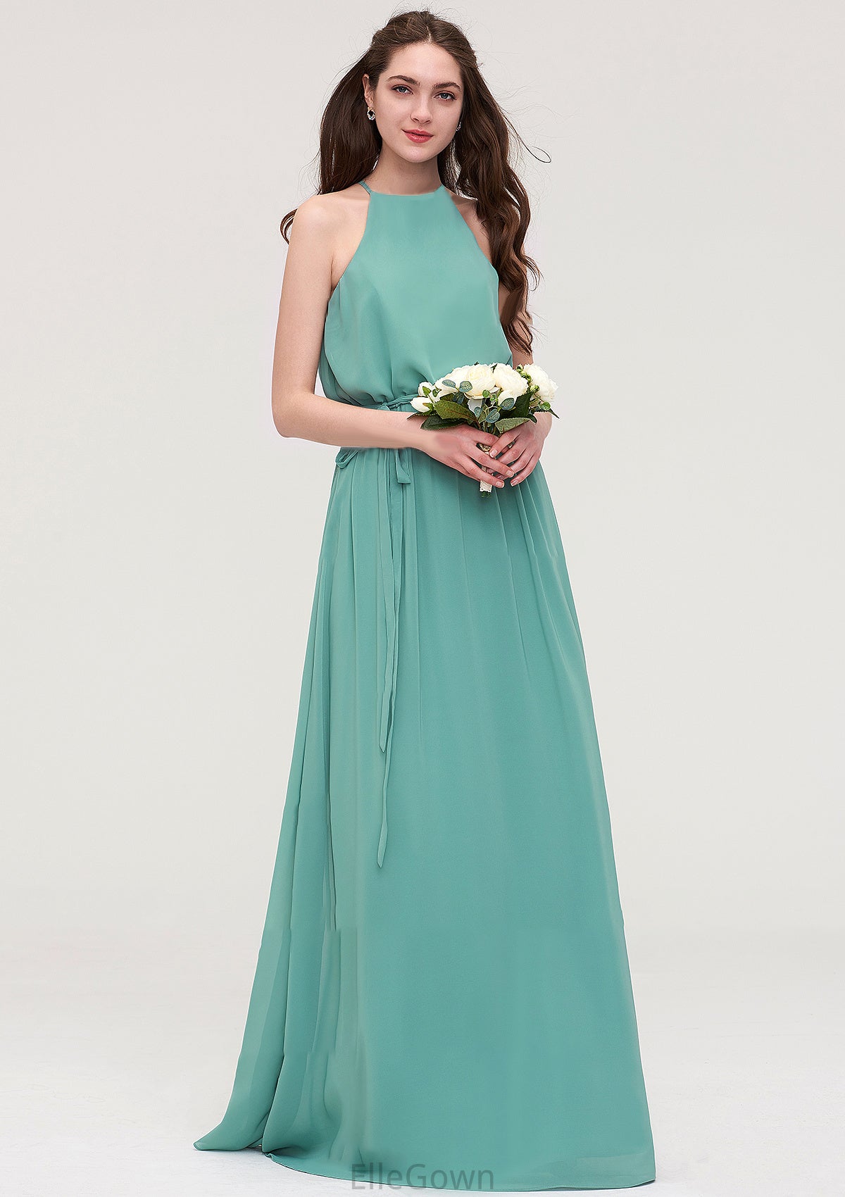 High-Neck Sleeveless Long/Floor-Length Chiffon A-line/Princess Bridesmaid Dresses With Sashes Sandy DEP0025485