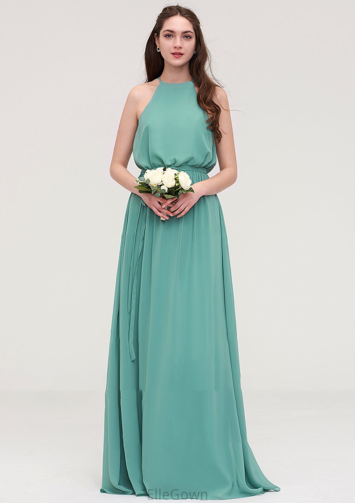 High-Neck Sleeveless Long/Floor-Length Chiffon A-line/Princess Bridesmaid Dresses With Sashes Sandy DEP0025485