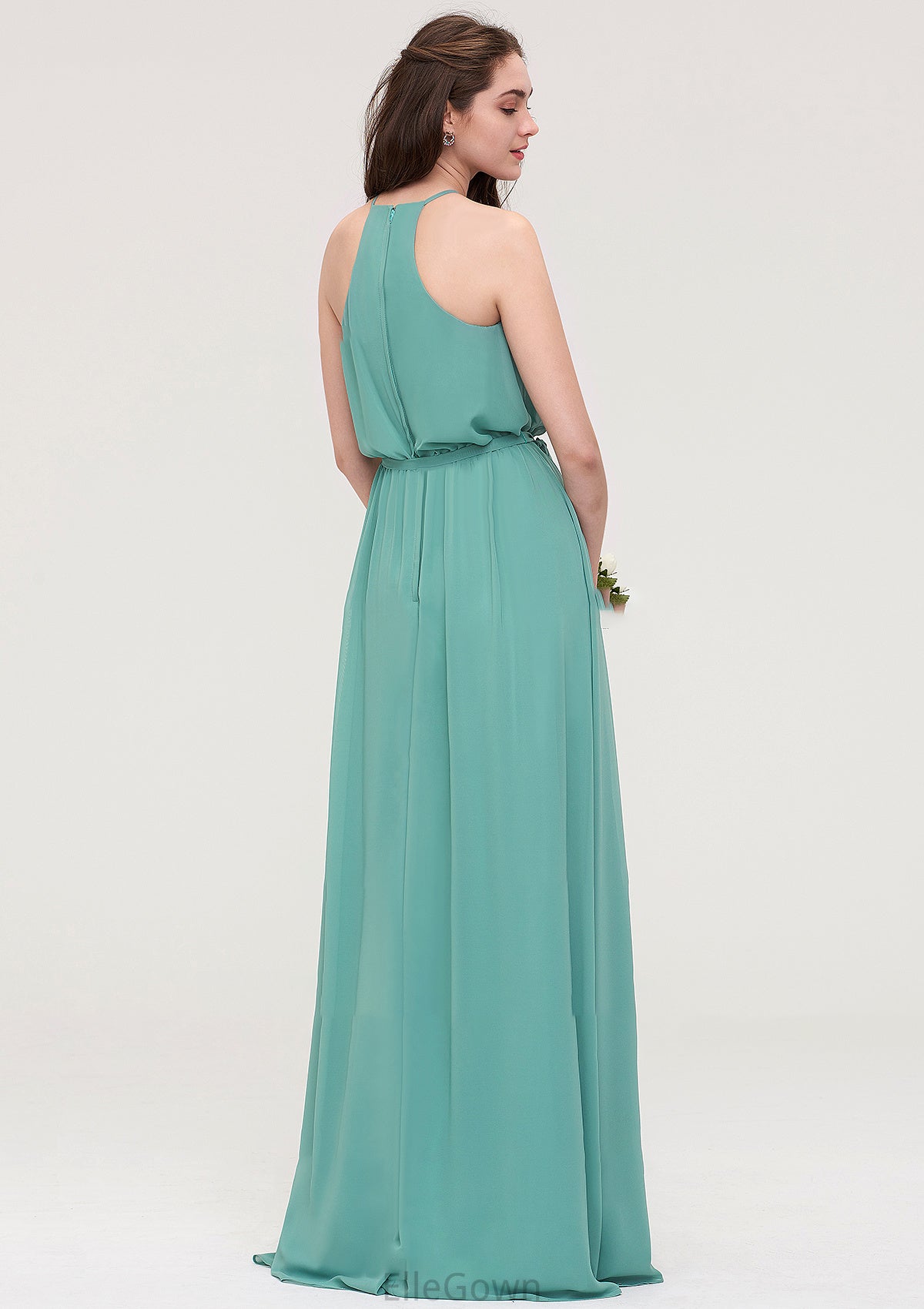 High-Neck Sleeveless Long/Floor-Length Chiffon A-line/Princess Bridesmaid Dresses With Sashes Sandy DEP0025485