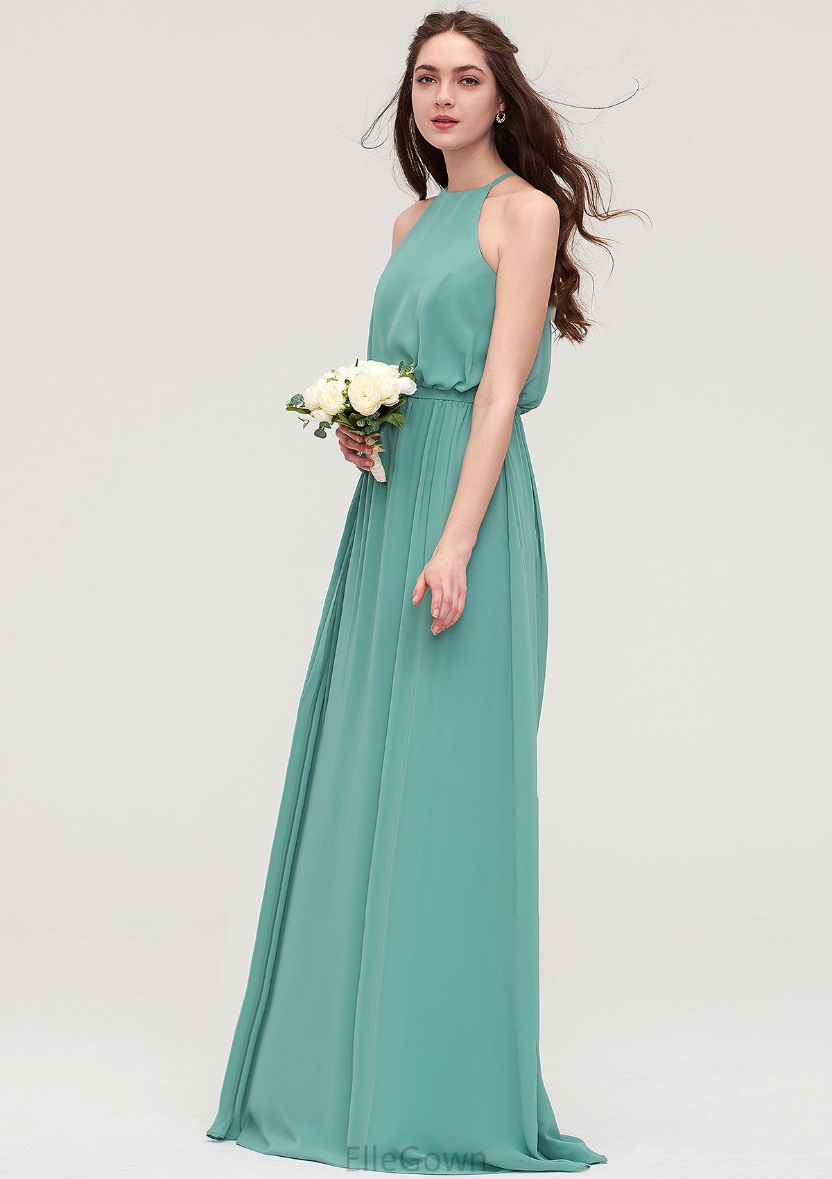 High-Neck Sleeveless Long/Floor-Length Chiffon A-line/Princess Bridesmaid Dresses With Sashes Sandy DEP0025485