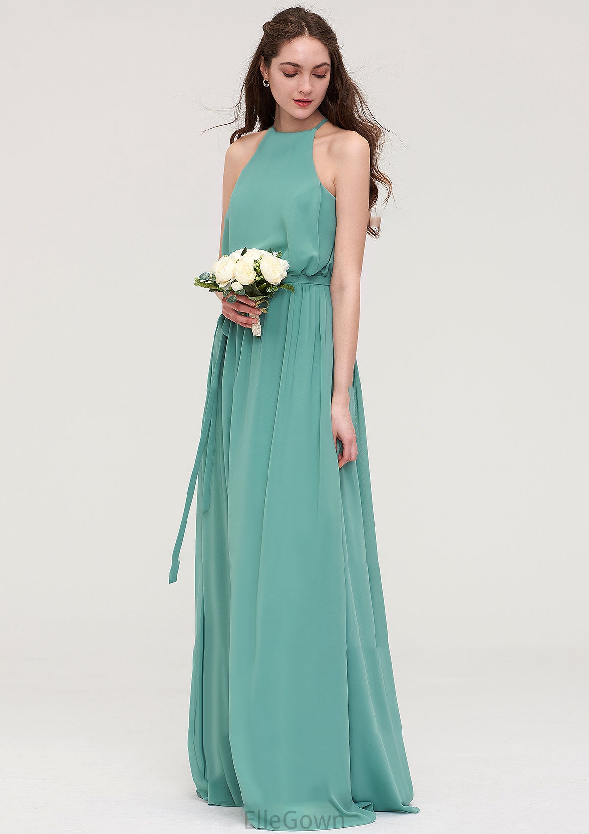 High-Neck Sleeveless Long/Floor-Length Chiffon A-line/Princess Bridesmaid Dresses With Sashes Sandy DEP0025485