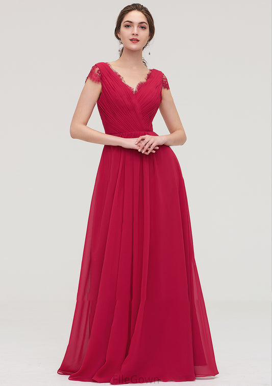 Sleeveless V Neck Long/Floor-Length Chiffon A-line/Princess Bridesmaid Dresses With Lace Pleated Aiyana DEP0025486