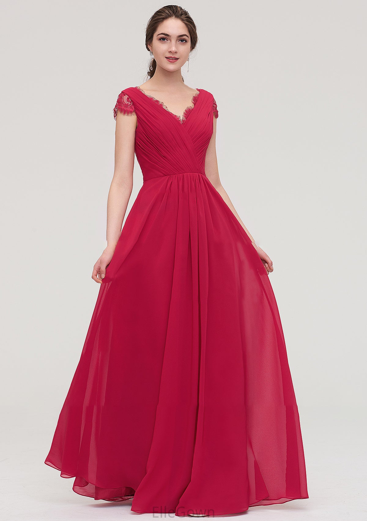 Sleeveless V Neck Long/Floor-Length Chiffon A-line/Princess Bridesmaid Dresses With Lace Pleated Aiyana DEP0025486