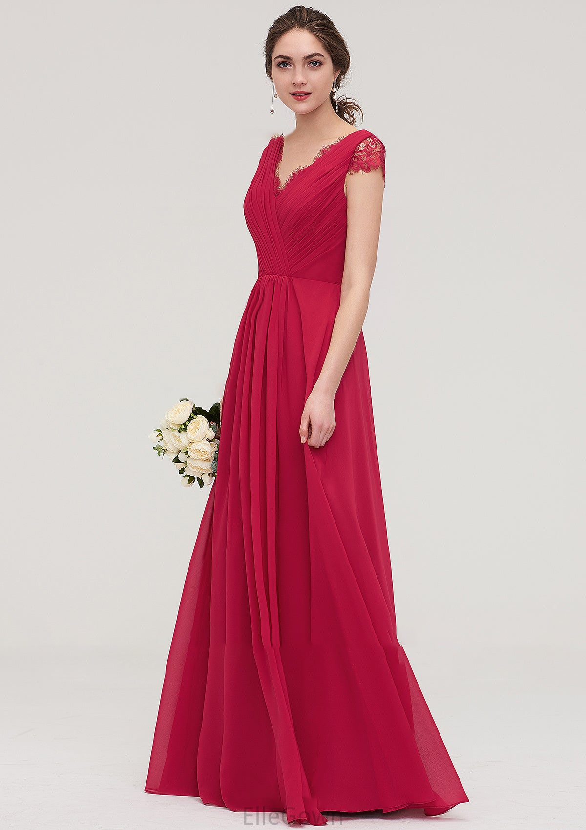 Sleeveless V Neck Long/Floor-Length Chiffon A-line/Princess Bridesmaid Dresses With Lace Pleated Aiyana DEP0025486