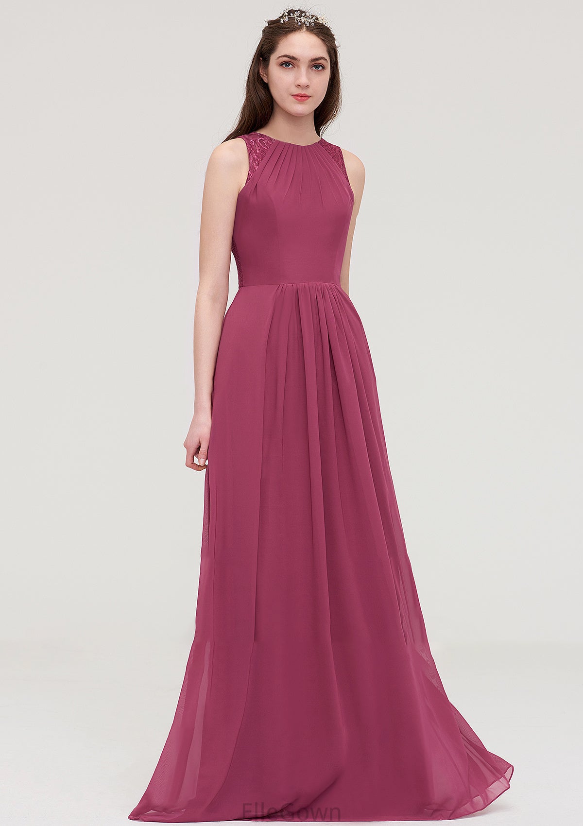 Bateau Sleeveless Long/Floor-Length Chiffon A-line/Princess Bridesmaid Dresses With Lace Pleated Sasha DEP0025488