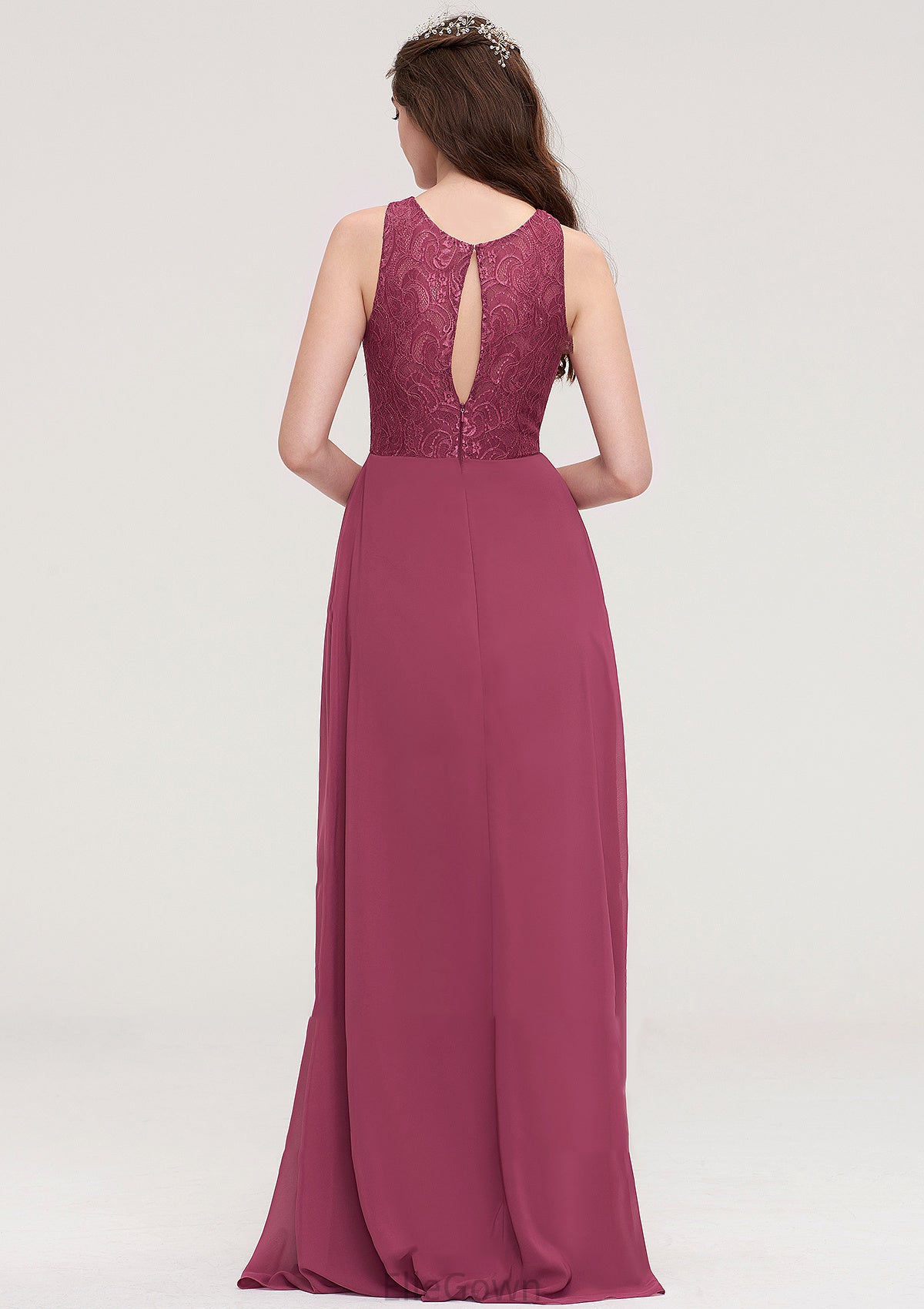 Bateau Sleeveless Long/Floor-Length Chiffon A-line/Princess Bridesmaid Dresses With Lace Pleated Sasha DEP0025488