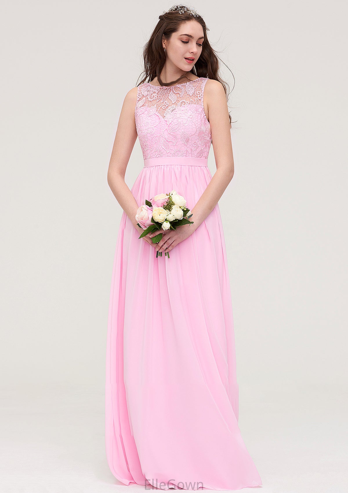 Bateau Sleeveless Long/Floor-Length Chiffon A-line/Princess Bridesmaid Dresses With Lace Amara DEP0025489