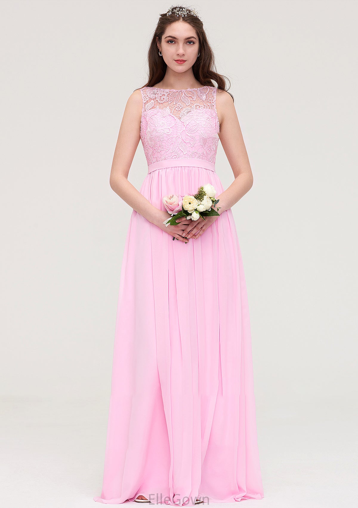 Bateau Sleeveless Long/Floor-Length Chiffon A-line/Princess Bridesmaid Dresses With Lace Amara DEP0025489