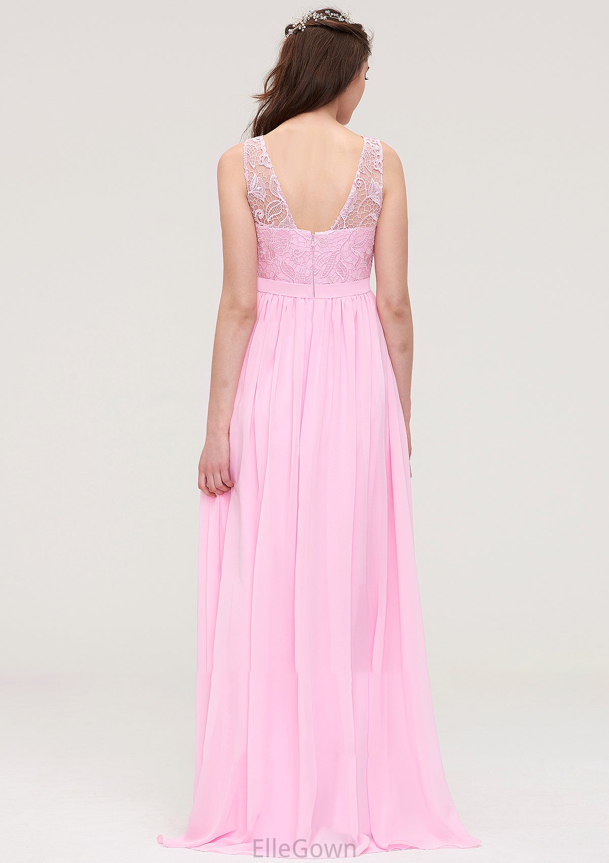 Bateau Sleeveless Long/Floor-Length Chiffon A-line/Princess Bridesmaid Dresses With Lace Amara DEP0025489