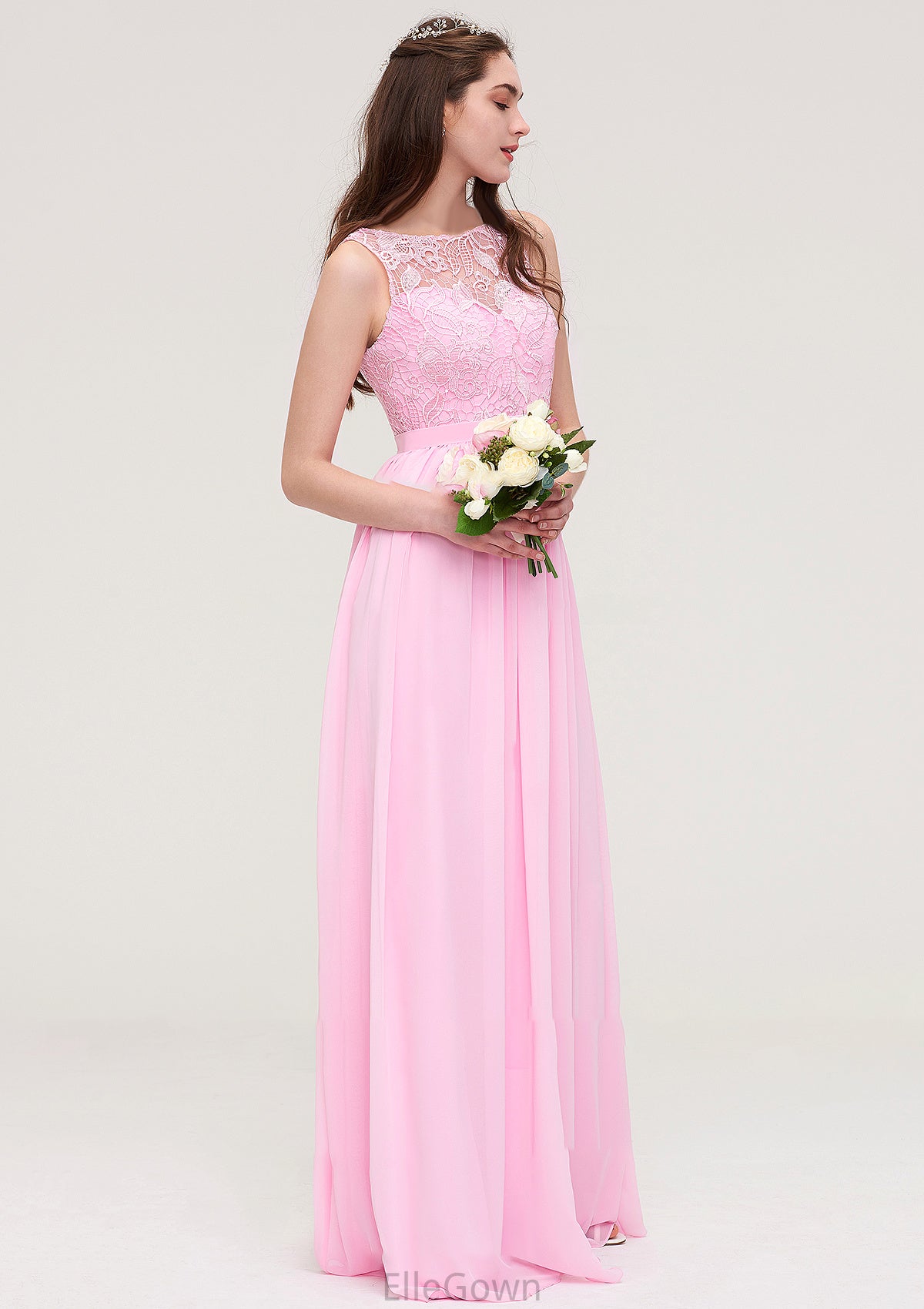 Bateau Sleeveless Long/Floor-Length Chiffon A-line/Princess Bridesmaid Dresses With Lace Amara DEP0025489