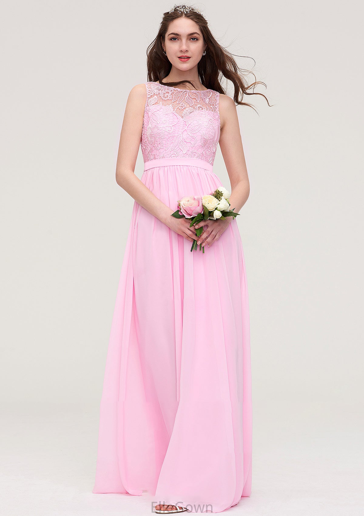 Bateau Sleeveless Long/Floor-Length Chiffon A-line/Princess Bridesmaid Dresses With Lace Amara DEP0025489