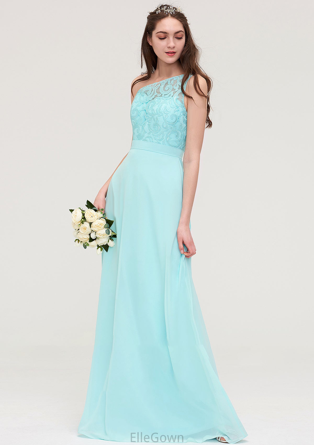 One-Shoulder Sleeveless Long/Floor-Length Chiffon A-line/Princess Bridesmaid Dresses With Lace Helen DEP0025491