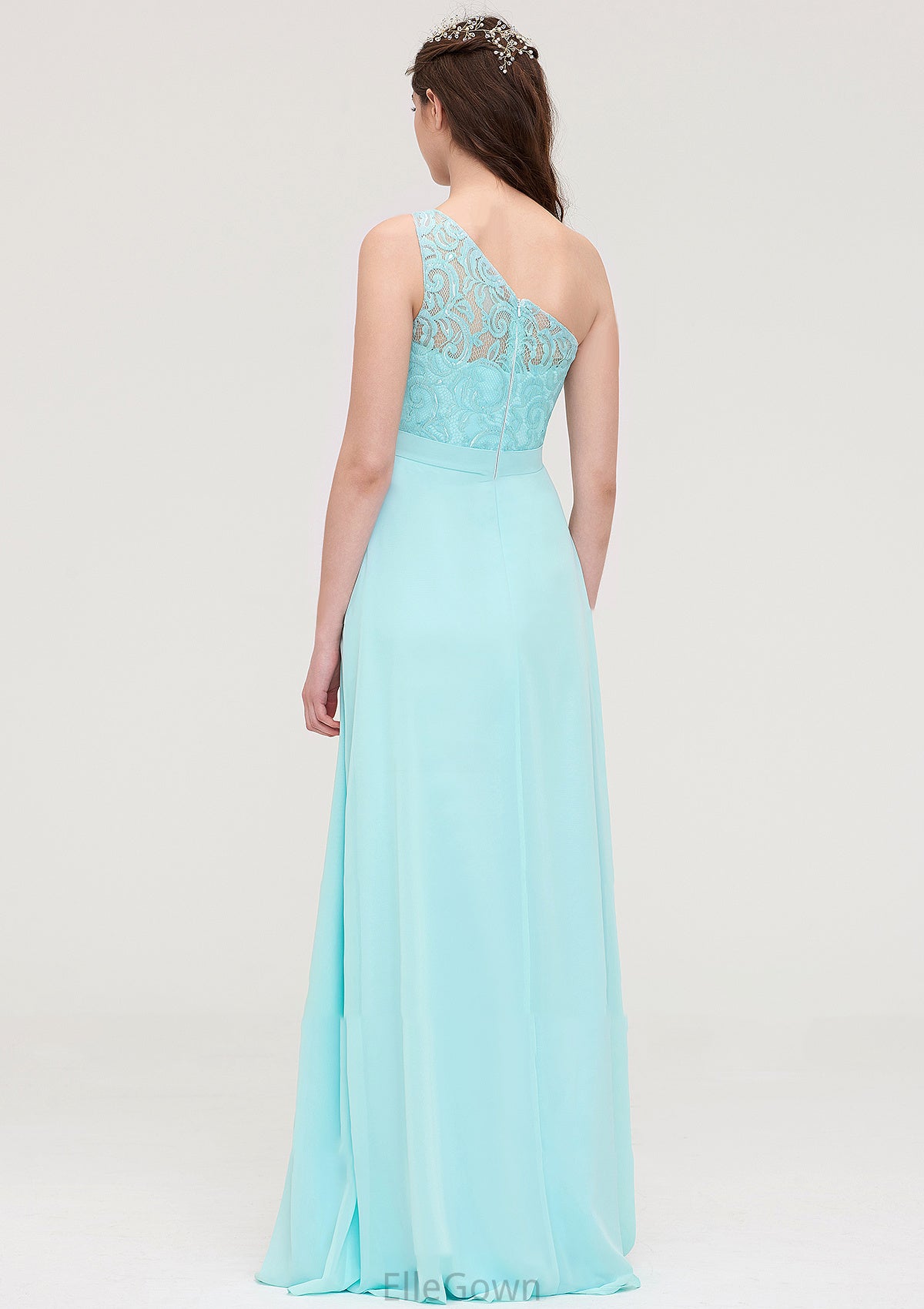 One-Shoulder Sleeveless Long/Floor-Length Chiffon A-line/Princess Bridesmaid Dresses With Lace Helen DEP0025491