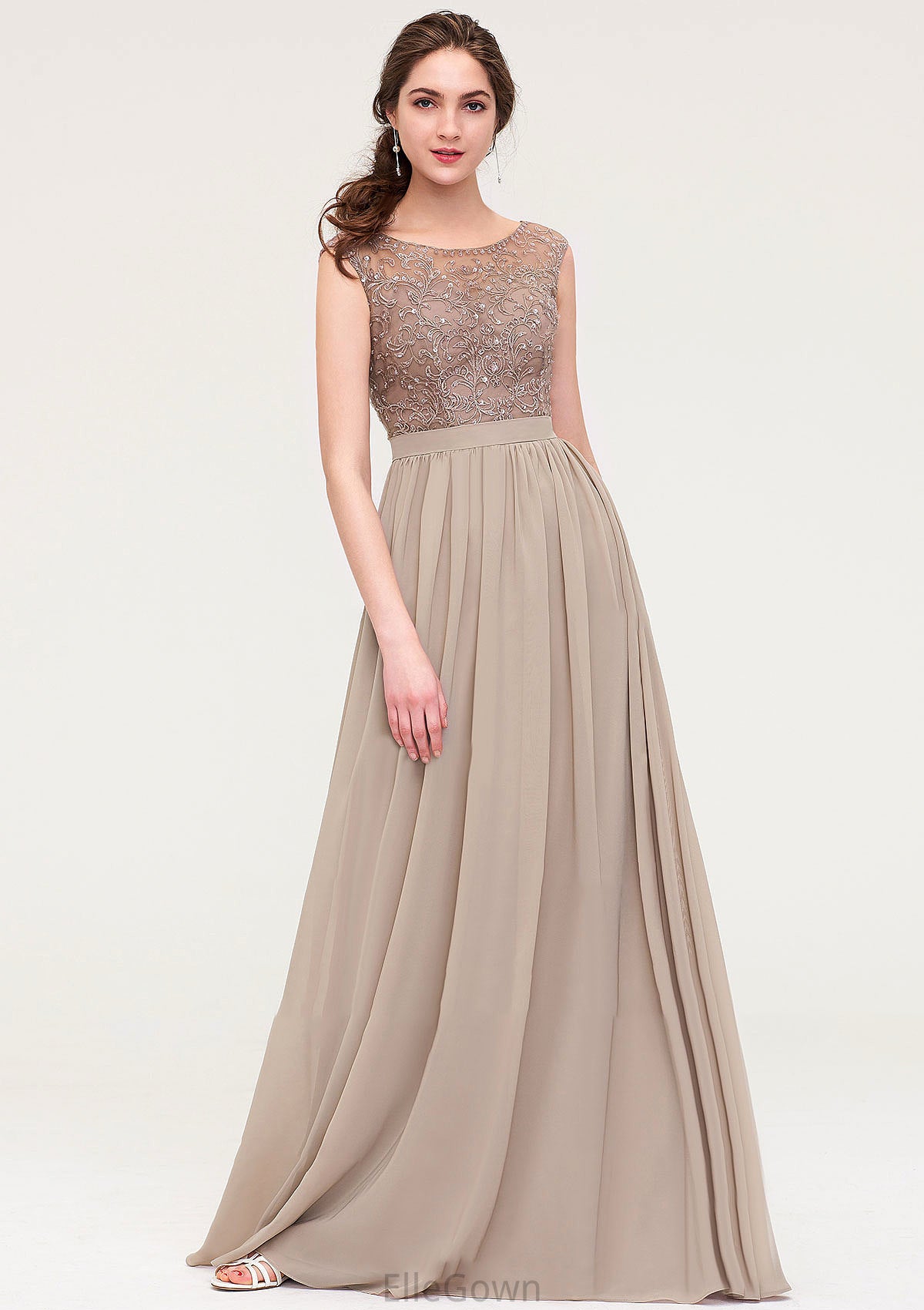 Sleeveless Scoop Neck Long/Floor-Length Chiffon A-line/Princess Bridesmaid Dresses With Sequins Beading Lace Pleated Anaya DEP0025493