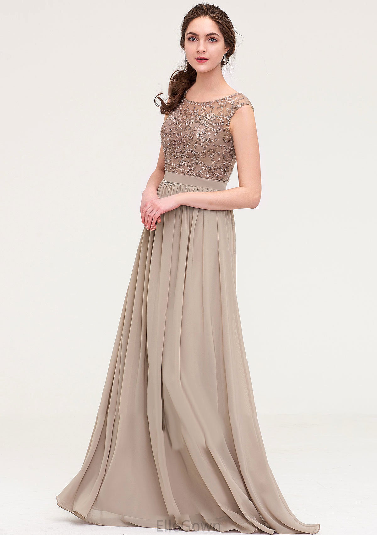 Sleeveless Scoop Neck Long/Floor-Length Chiffon A-line/Princess Bridesmaid Dresses With Sequins Beading Lace Pleated Anaya DEP0025493