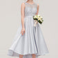 Bateau Sleeveless Tea-Length Satin A-line/Princess Bridesmaid Dresses With Sashes Lace Marcie DEP0025495