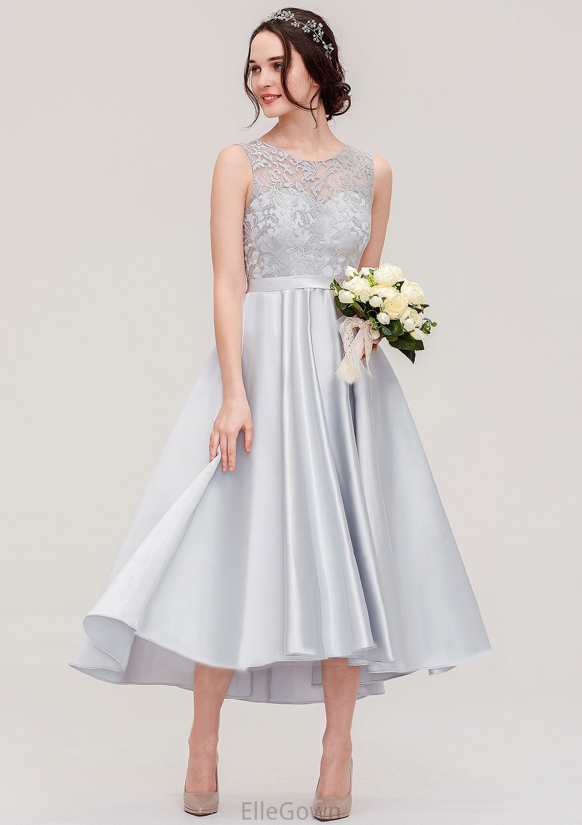 Bateau Sleeveless Tea-Length Satin A-line/Princess Bridesmaid Dresses With Sashes Lace Marcie DEP0025495