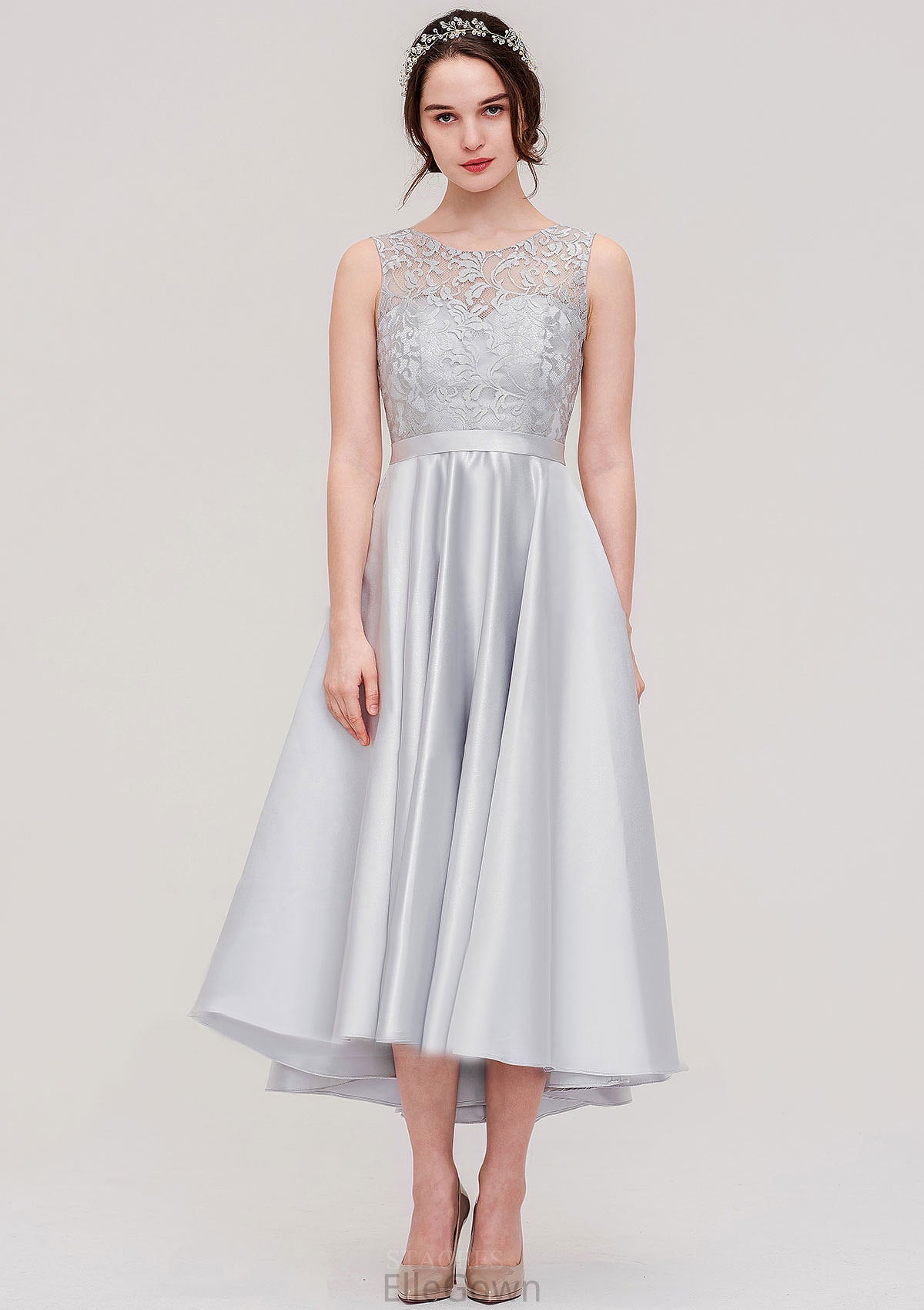 Bateau Sleeveless Tea-Length Satin A-line/Princess Bridesmaid Dresses With Sashes Lace Marcie DEP0025495