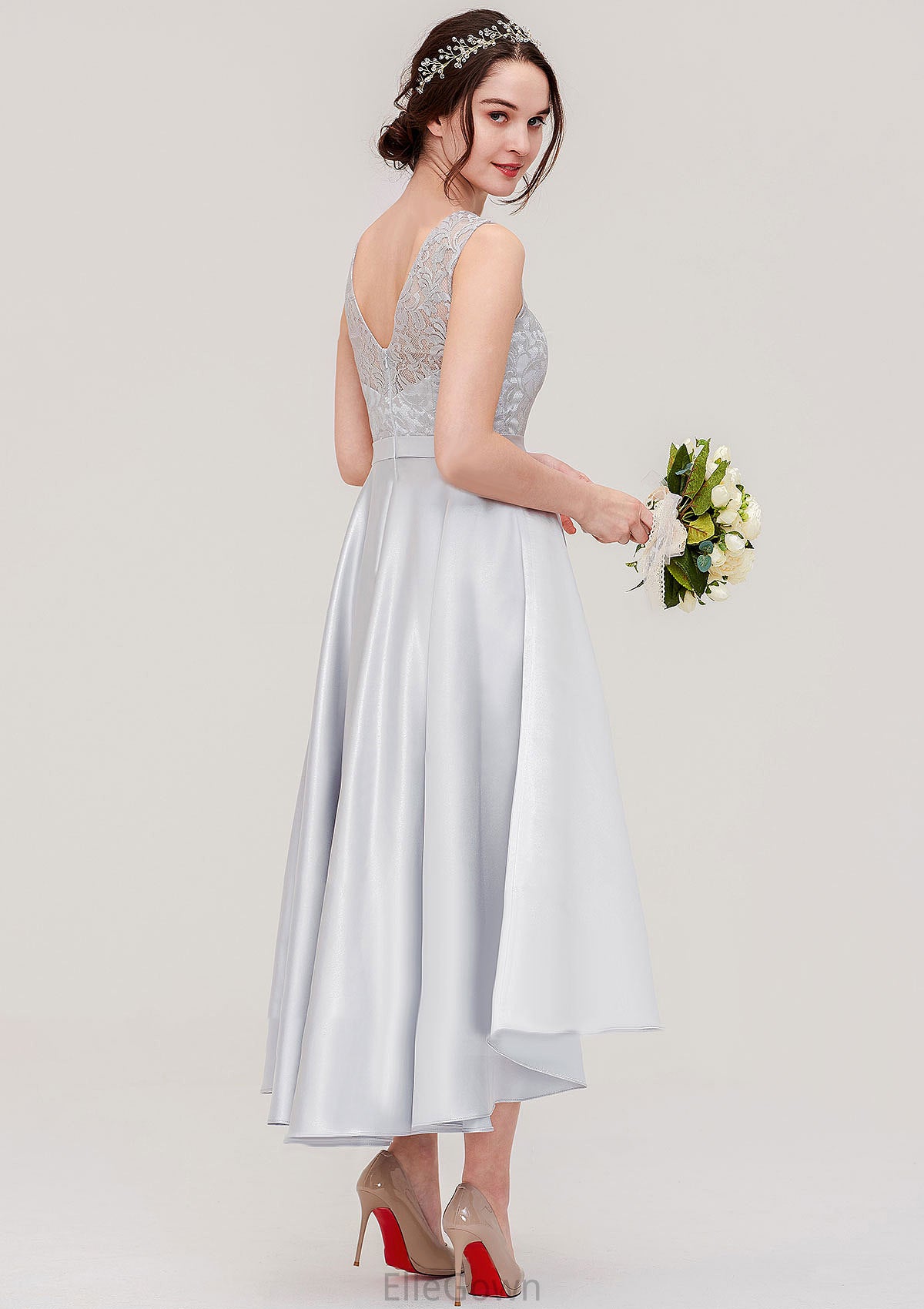 Bateau Sleeveless Tea-Length Satin A-line/Princess Bridesmaid Dresses With Sashes Lace Marcie DEP0025495