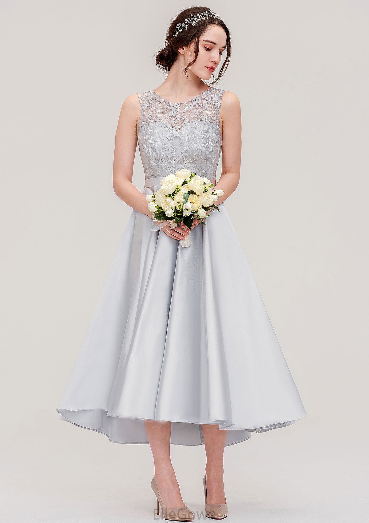 Bateau Sleeveless Tea-Length Satin A-line/Princess Bridesmaid Dresses With Sashes Lace Marcie DEP0025495